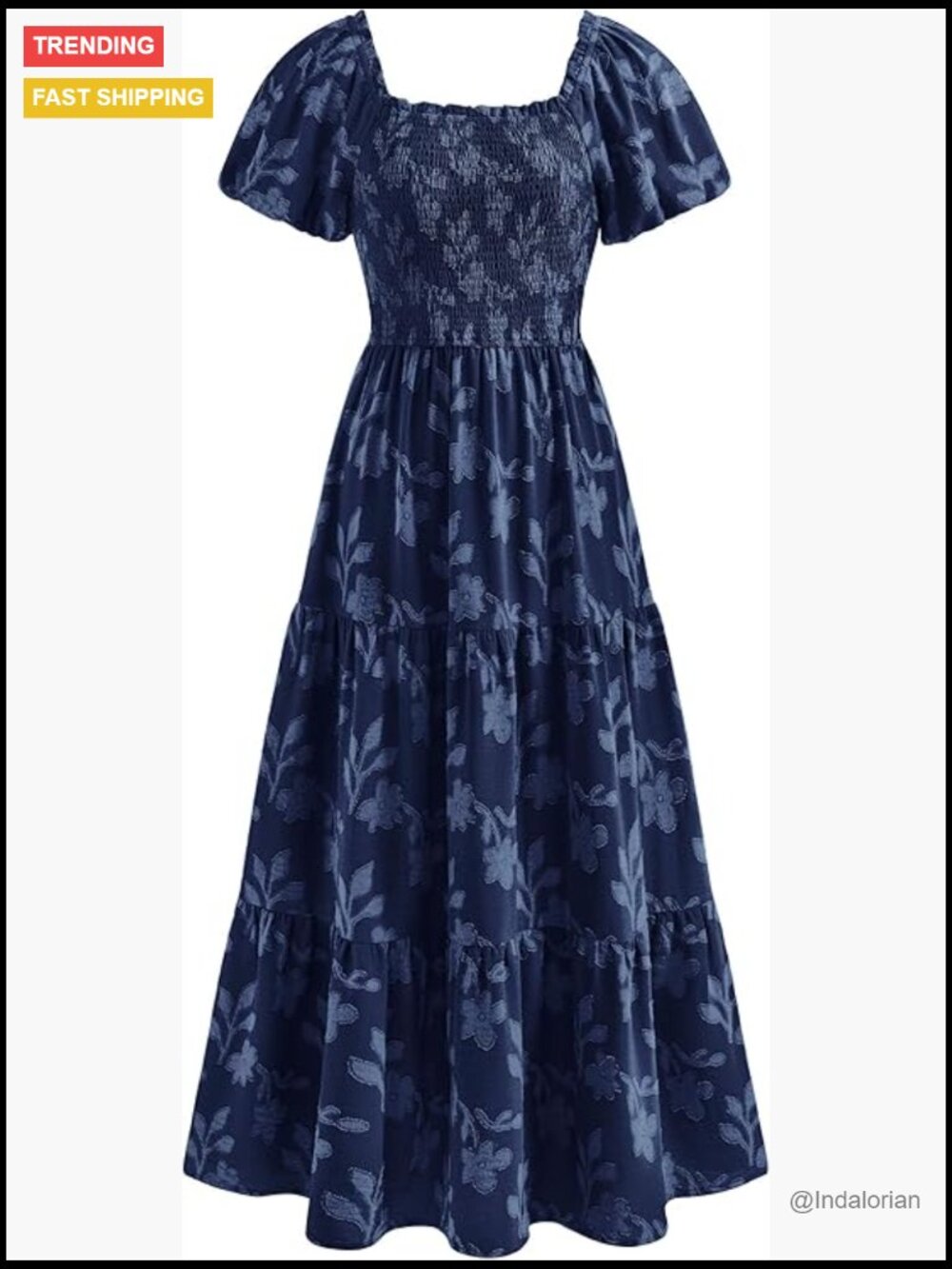 Boho Maxi Dress Floral Short Sleeve Square Neck Smocked Flowy Long Vacation - Picture 1 of 7